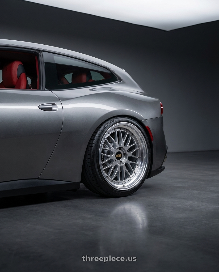 2020 ferrari gtc 4 lusso with BBS LM 5x120 20x10.0+20 Diamond Silver wheels rear three quarter view slight stretch tires