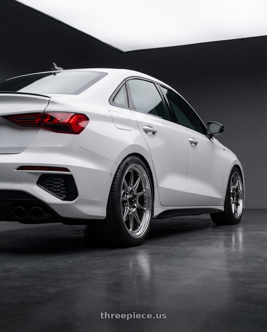 2024 Audi S3 8Y with Konig Countergram 5x112 19x8.5+43 Hyper Chrome / Machined Lip wheels rear three quarter view square tires