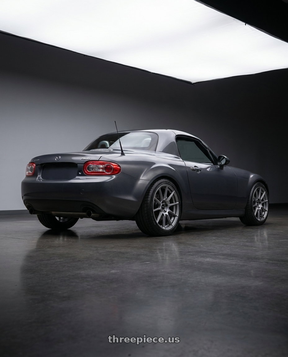 2014 Mazda Miata with Enkei TS10 5x114.3 17x8+45 Grey wheels rear three quarter view square tires