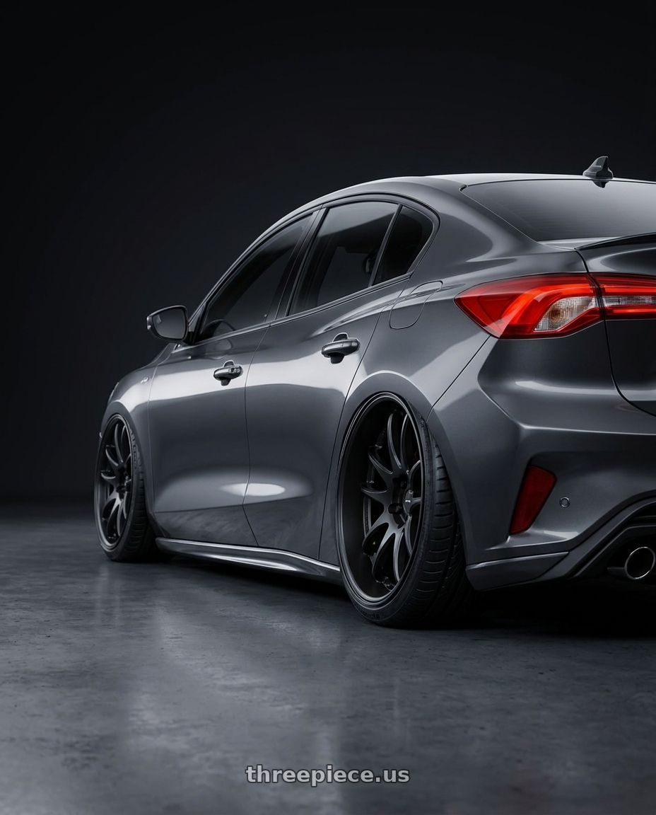 2022 Ford Focus  with Work Emotion Cr Kiwami 4x100 15x5 +45 Matte Black wheels rear three quarter view extreme stretch tires