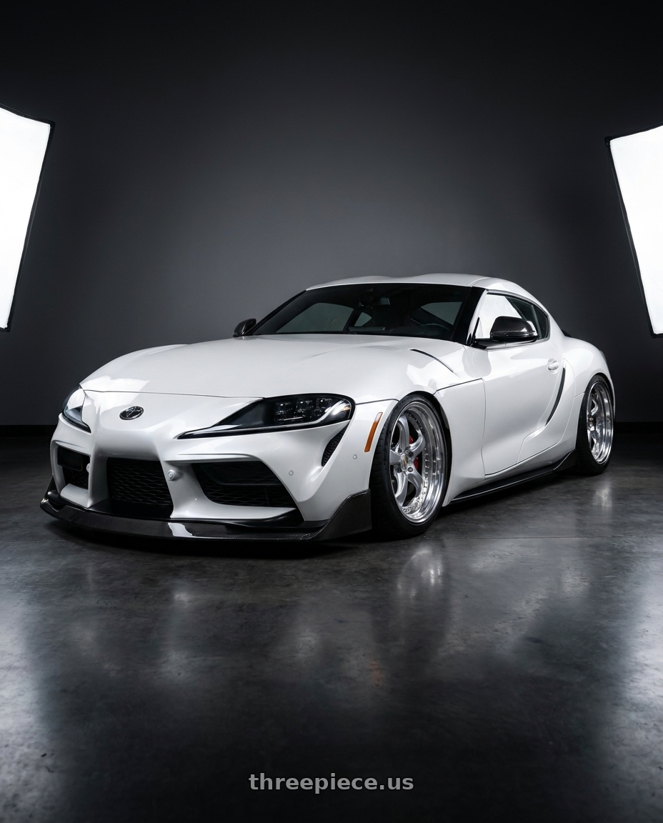 2021 Toyota GR Supra Premium with Work Wheels VS-KF 5x112 19x10.5+27 Light Grey Silver O Disk FULL REVERSE wheels front three quarter view slammed stance