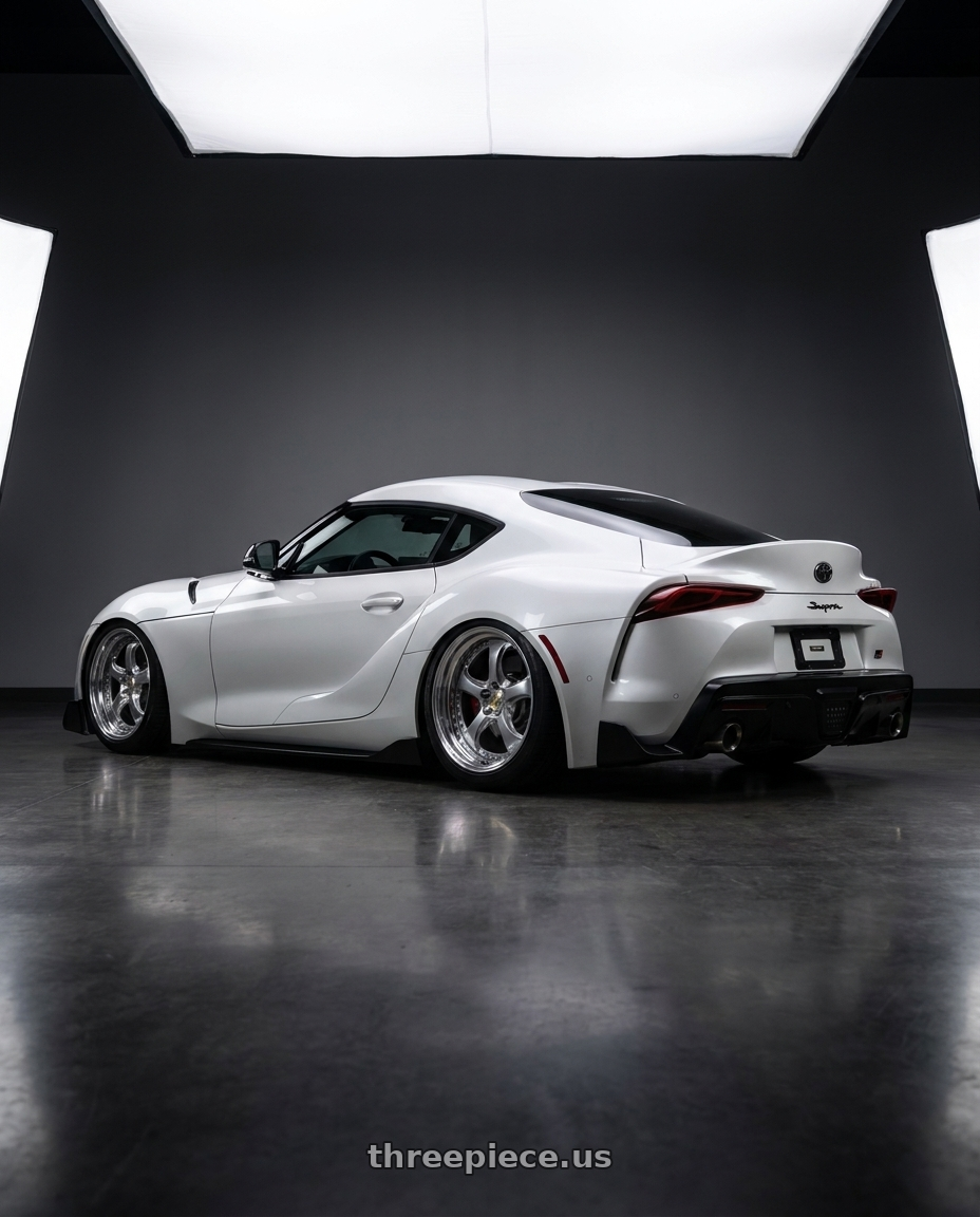 2021 Toyota GR Supra Premium with Work Wheels VS-KF 5x112 19x10.5+27 Light Grey Silver O Disk FULL REVERSE wheels rear three quarter view slight stretch tires