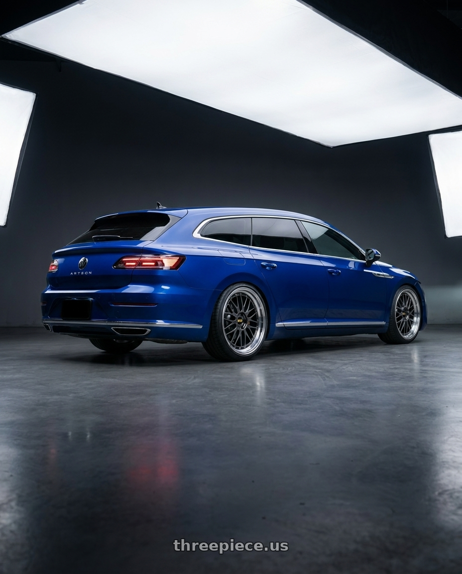 2023 Vw Arteon shooting brake with BBS LM 5x112 20x8.5+38 Diamond Black wheels rear three quarter view extreme stretch tires