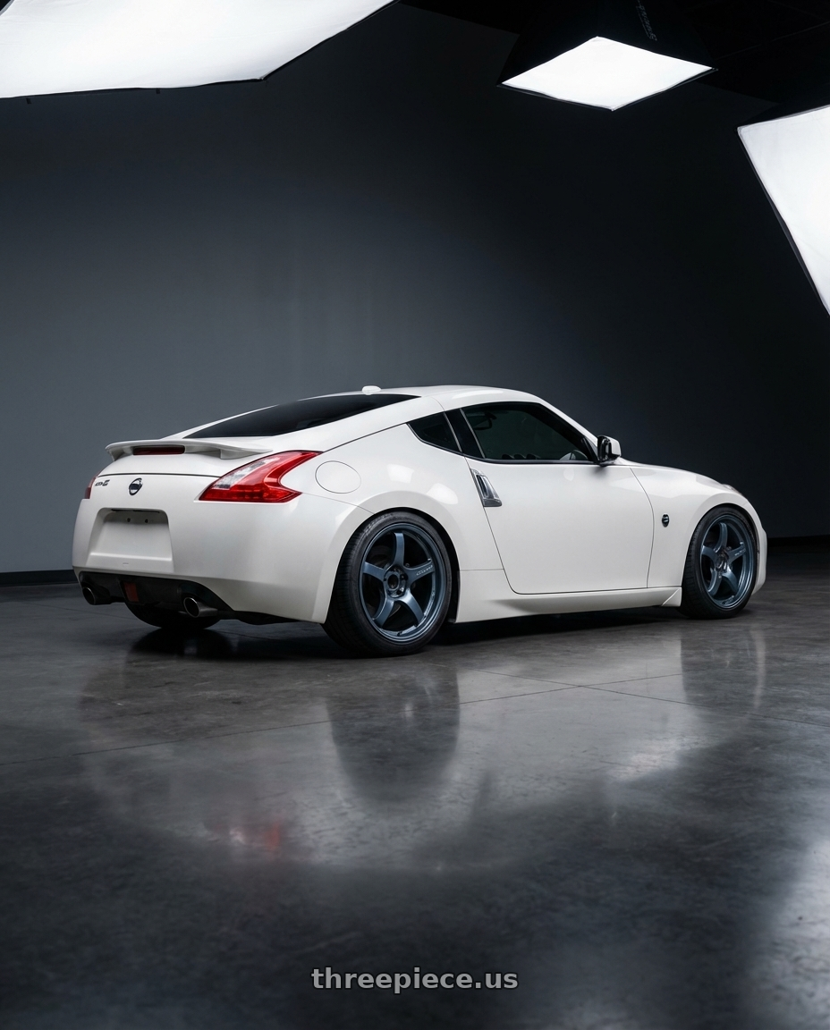 2019 Nissan 370Z with Gram Lights 57CR 5x114.3 19x10.5+35 Gunblue II wheels rear three quarter view square tires