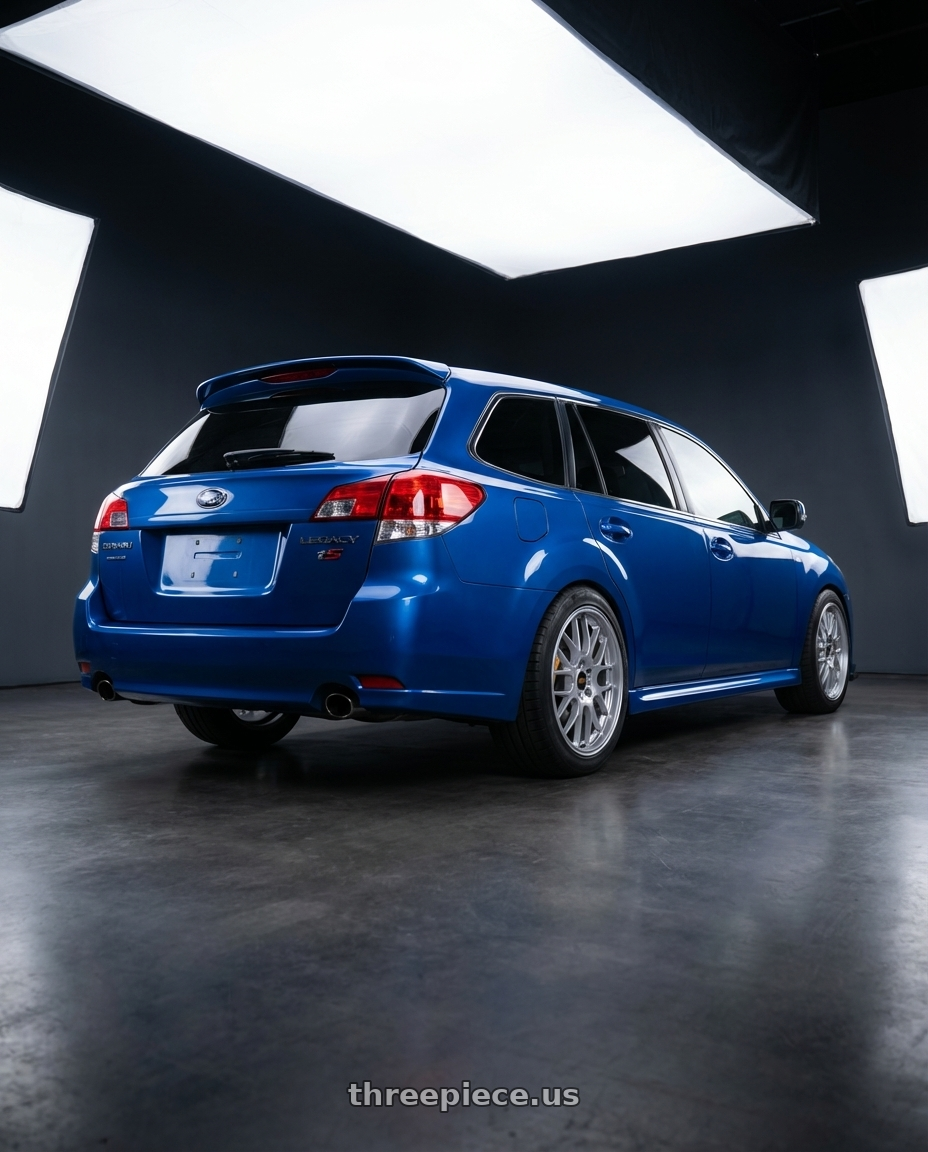 2011 Subaru Legacy tS with BBS RG-R 5x114.3 19x9.5+22 Sport Silver wheels rear three quarter view meaty tires