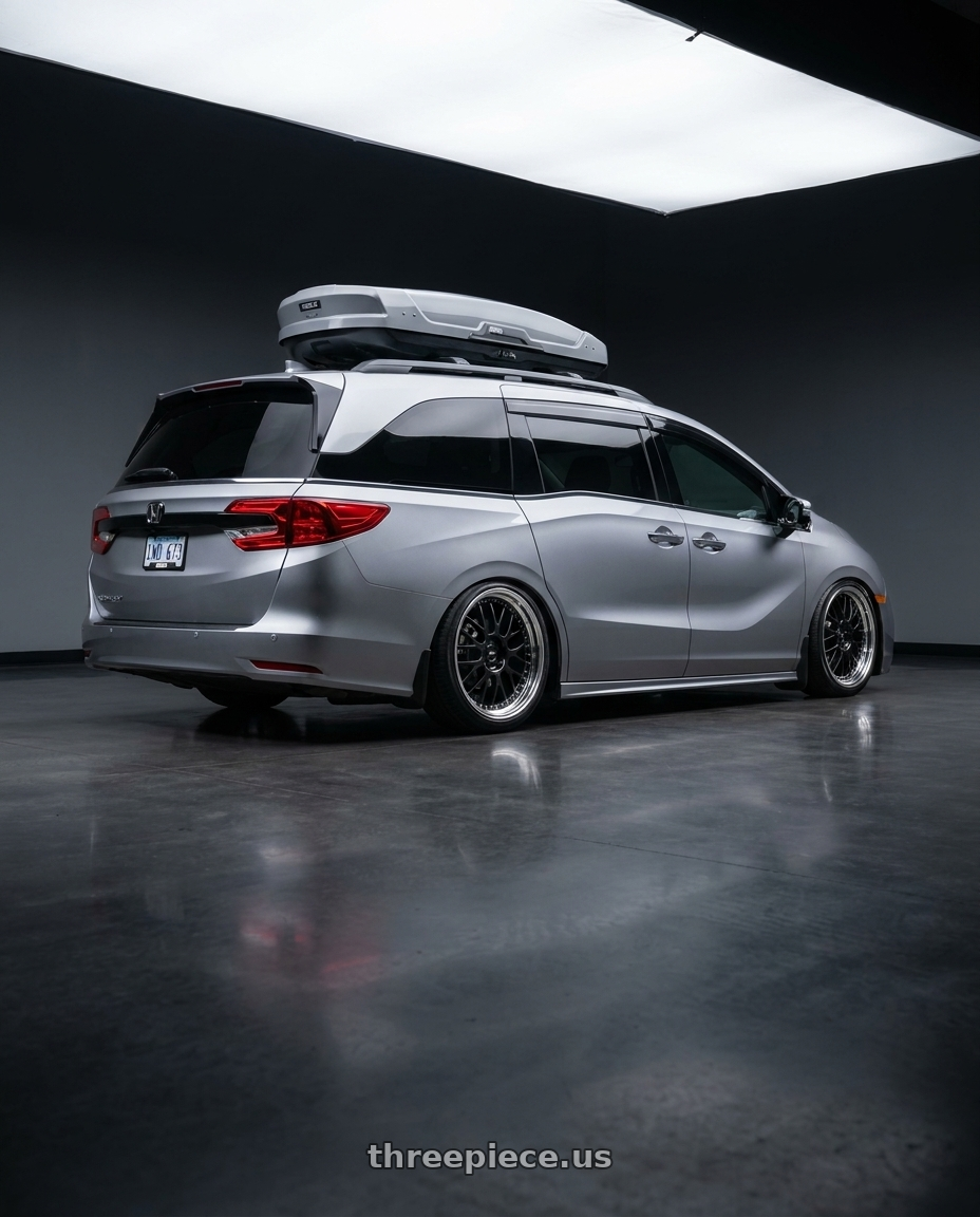 2024 Honda Odyssey with SSR Professor MS1 5x120 20x8.5+43 SL Disk Black wheels rear three quarter view slight stretch tires