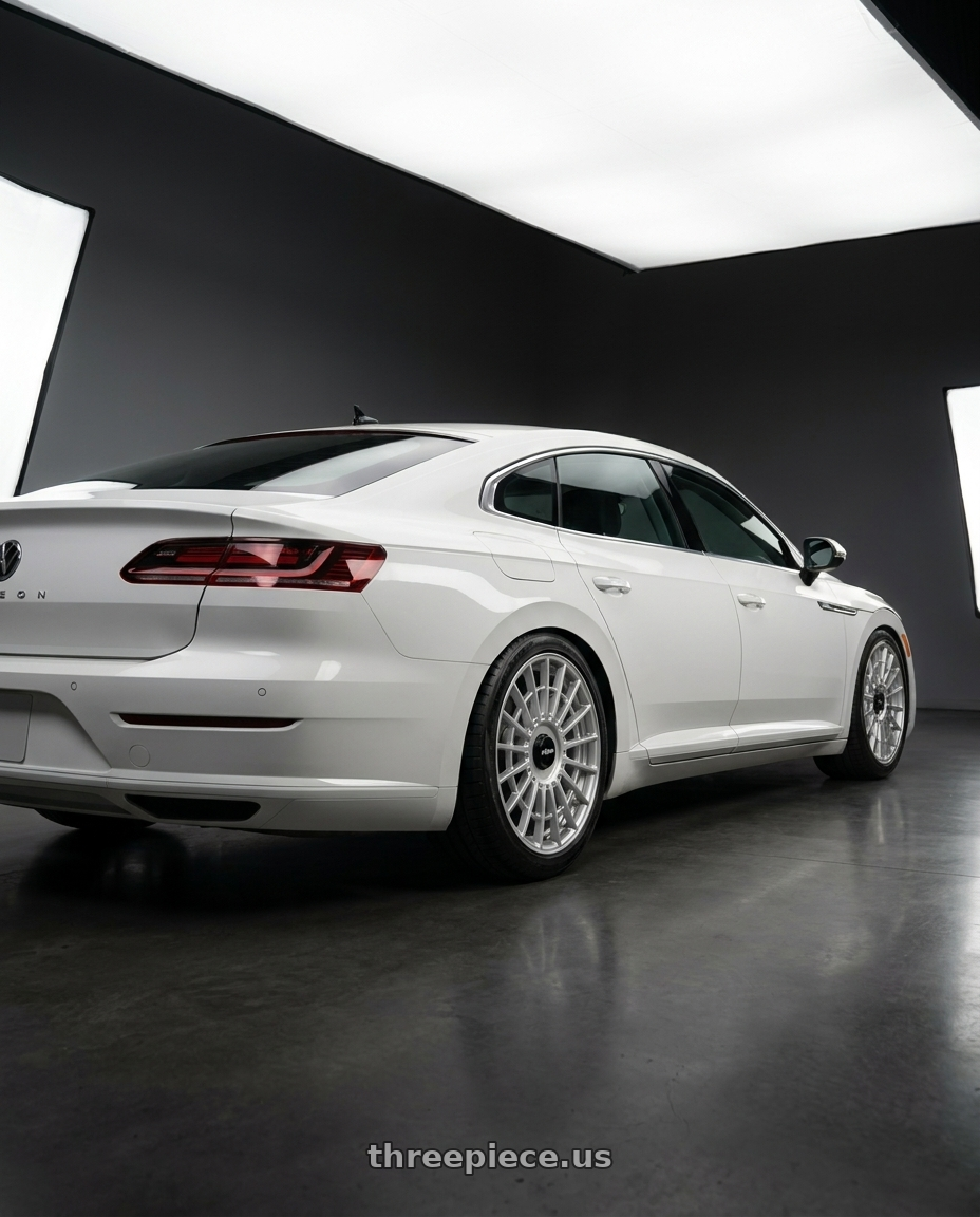 2024 Eg Arteon White with Rotiform 1PC R134 FLG 5X120 18X8.5 +35 GLOSS SILVER wheels rear three quarter view square tires