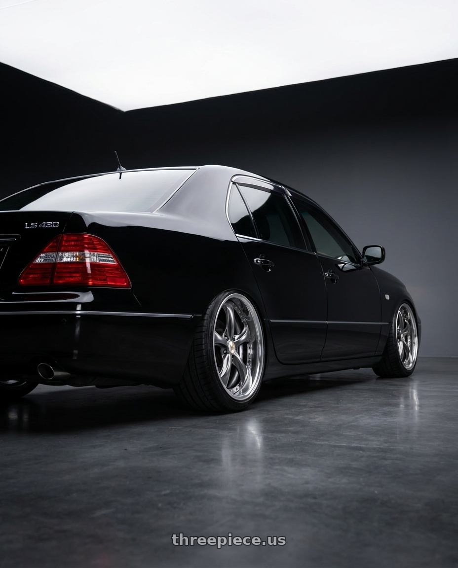 2022 Lexus LS430 Facelift Black with Work Wheels VS-KF 5X114.3 19x9+15 Brilliant Silver Black A Disk FULL REVERSE wheels rear three quarter view square tires