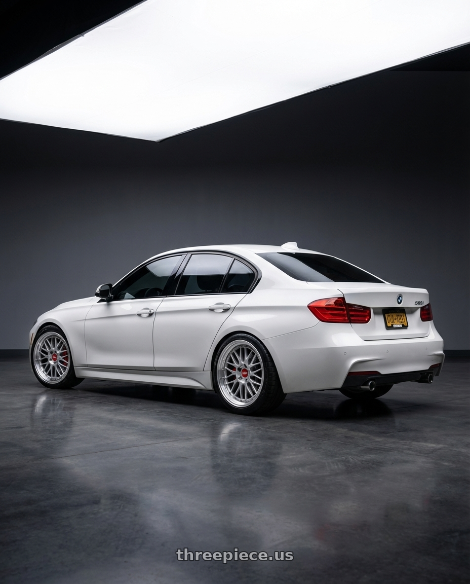 White 2014 BMW 335i with BBS LM 5x120 19x9.5+22 Diamond Silver wheels rear three quarter view square tires