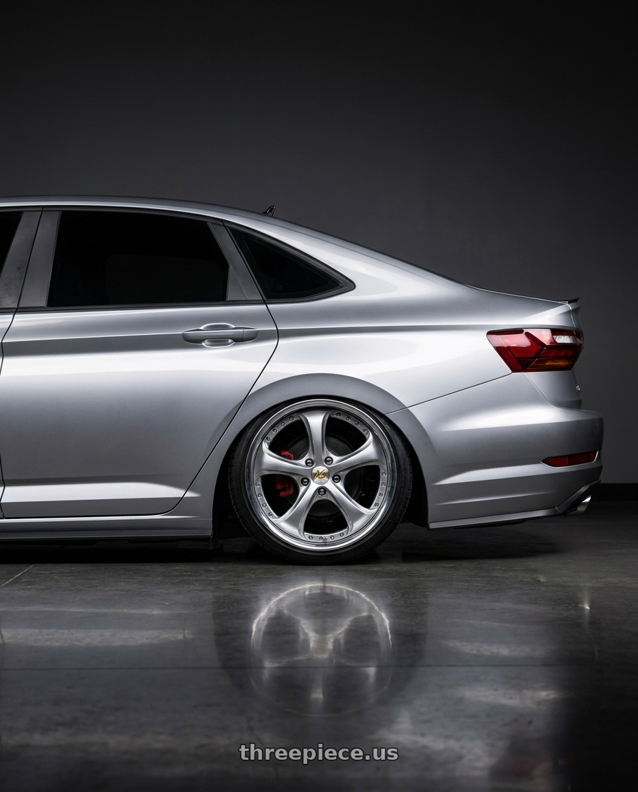 2020 vw gli with Work Wheels VS-KF 5x114.3 18x9.5+1 Light Grey Silver R Disk FULL REVERSE wheels rear three quarter view slight stretch tires