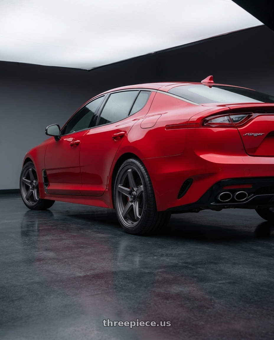 2018 Kia Stinger GT2 AWD with Konig Neoform 5X114.3 19x8.5+32 Matte Grey wheels rear three quarter view square tires