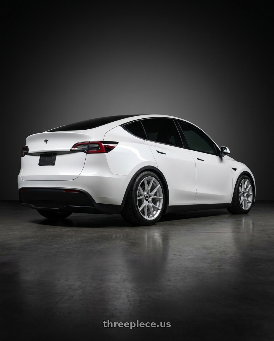 2020 Tesla Model Y Long with Rotiform RC199 KPR 5X112 20x9 +45 SILVER wheels rear three quarter view square tires