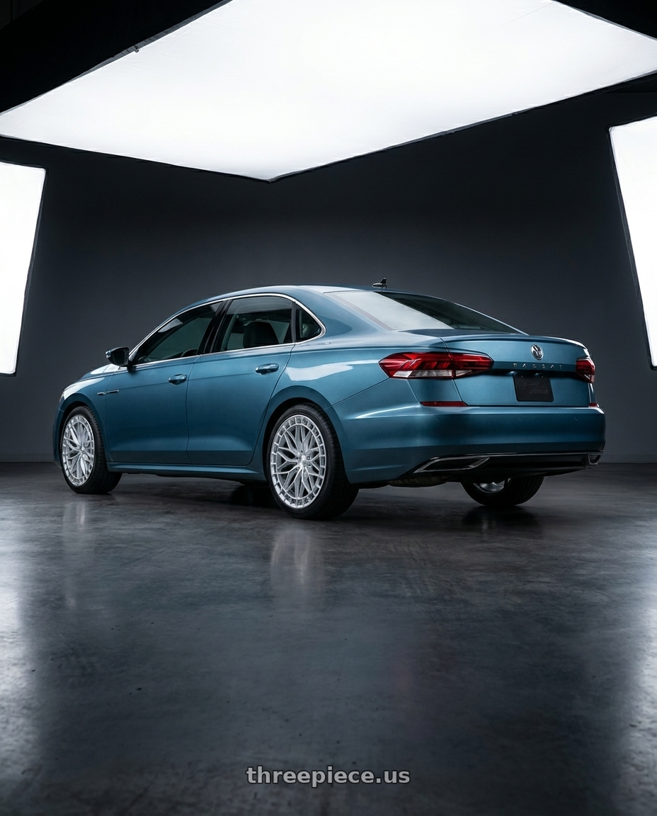 2022 Volkswagen Passat B8.5 3G R-Line, Aquamarine Blue Metallic with KATANA RACING KR12 5x112 20x8.5 +40 Glossy Silver Machine Face wheels rear three quarter view square tires