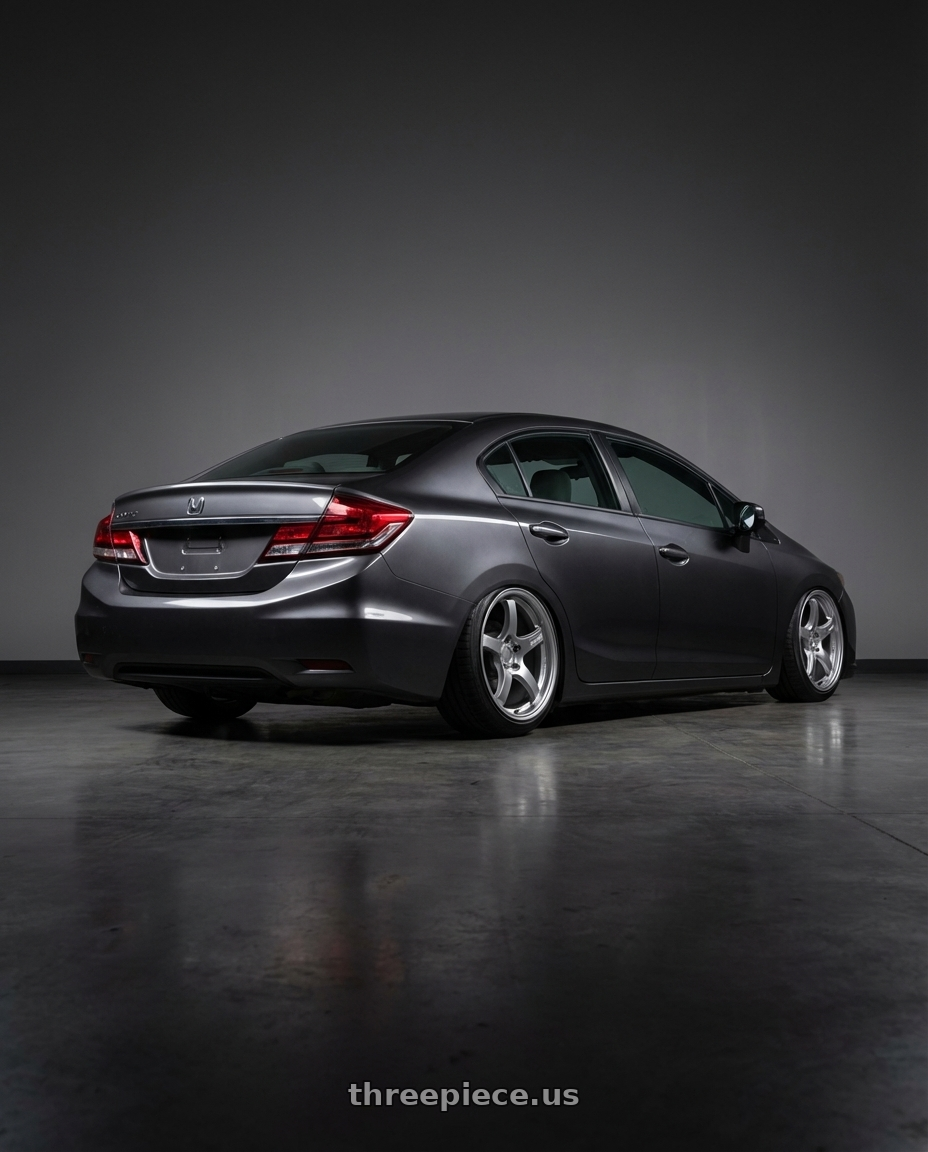 2013 Honda Civic with Gram Lights 57CR 5x114.3 18x9.5+38 Grace Silver wheels rear three quarter view extreme stretch tires