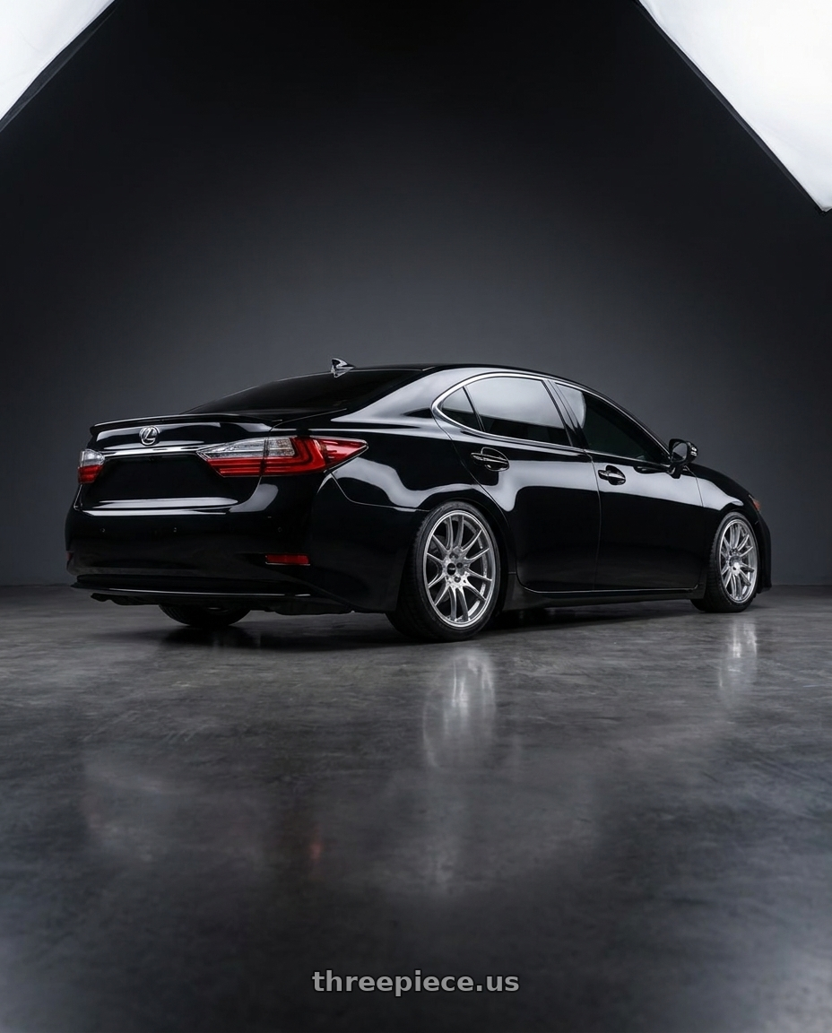 2017 Lexus ES 200 black with Enkei GTC02 5x114.3 18x8+35 Hyper Silver wheels rear three quarter view square tires