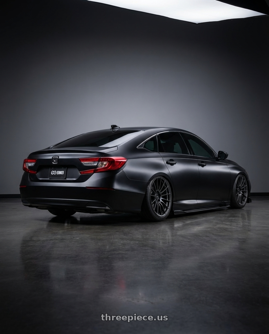 2019 Honda Accord 1.5T Matte black with Enkei RS05-RR 5x114.3 18x9.5+35 Matte Gunmetal wheels rear three quarter view slight stretch tires