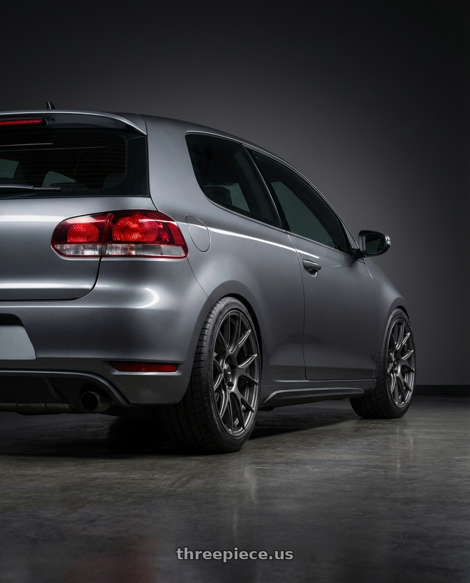 2013 Volkswagen GTI MK6 with Konig Ampliform 5x112 18x8.5+43 Dark Metallic Graphite wheels rear three quarter view square tires