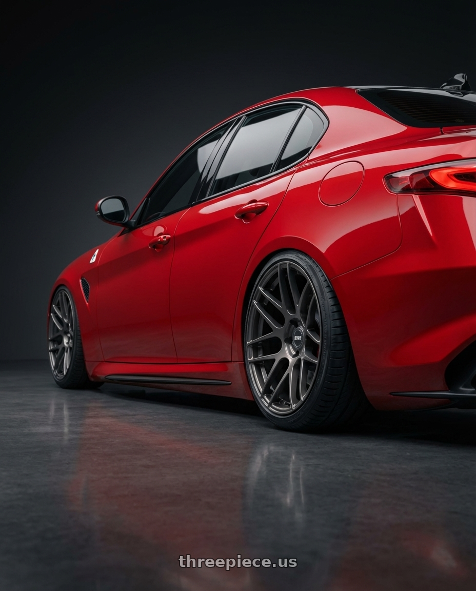 2022 Alfa Romeo Giulia with ESR Wheels FORGETECH SERIES RF1 5x110 19x9.5 +22 Gloss Graphite wheels rear three quarter view slight stretch tires