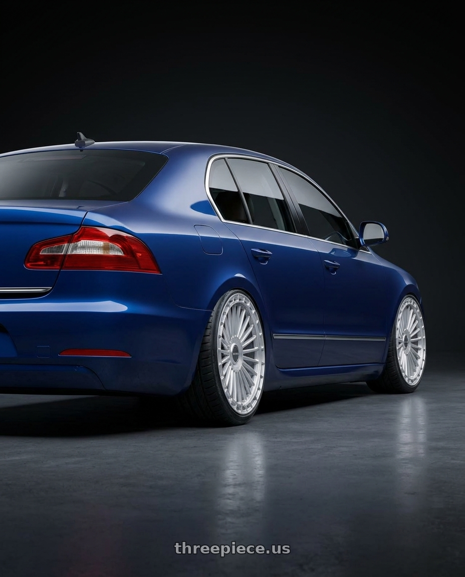 2014 skoda superb with MV Forged MVF40 blank 22x9 BLANK Diamond Silver wheels rear three quarter view extreme stretch tires