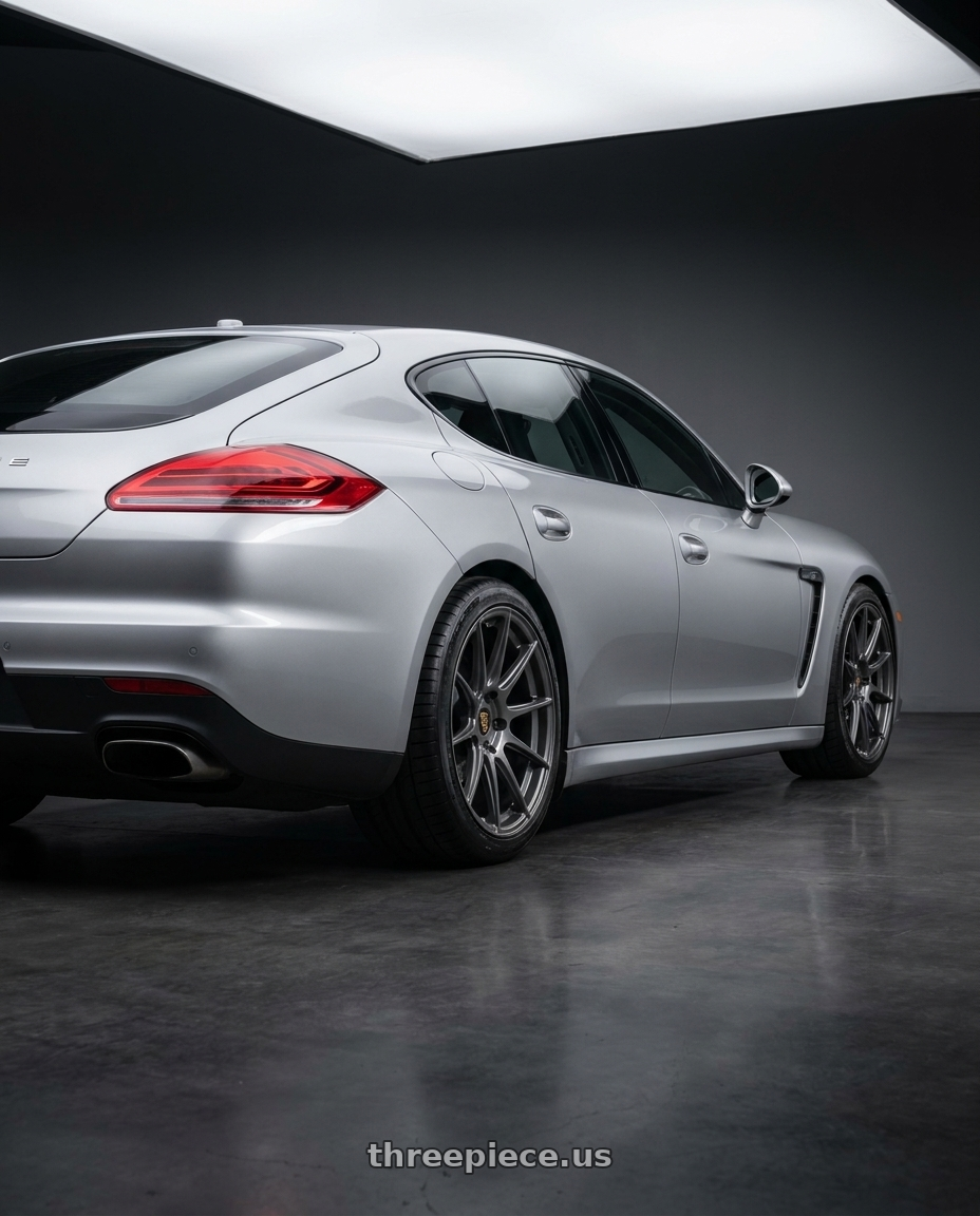 2014 porsche panamera 4 with Vors DG38 5x114.3 19x10  +35 Gun Metal Graphite fit Mustang Performance Pack Style wheels rear three quarter view square tires
