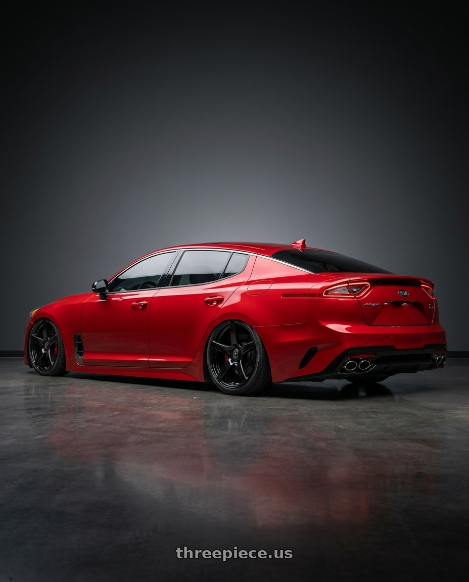 2022 Kia Stinger GT with Forgestar CF5 5x114.3 19x9.5 +29 Gloss Black wheels rear three quarter view slight stretch tires