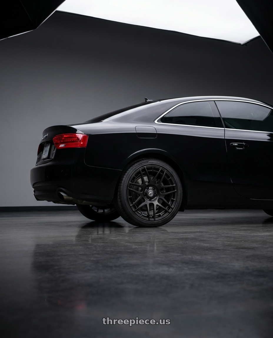2010 Audi a5 quattro with Forgestar F14C 5x112 18x8.5 +45 Satin Black wheels rear three quarter view square tires