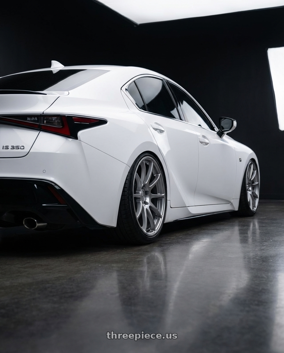 2024 Lexus IS 350 with Ssr Gtv02 5x114.3 19x8.5+38  GLARE SILVER wheels rear three quarter view slight stretch tires