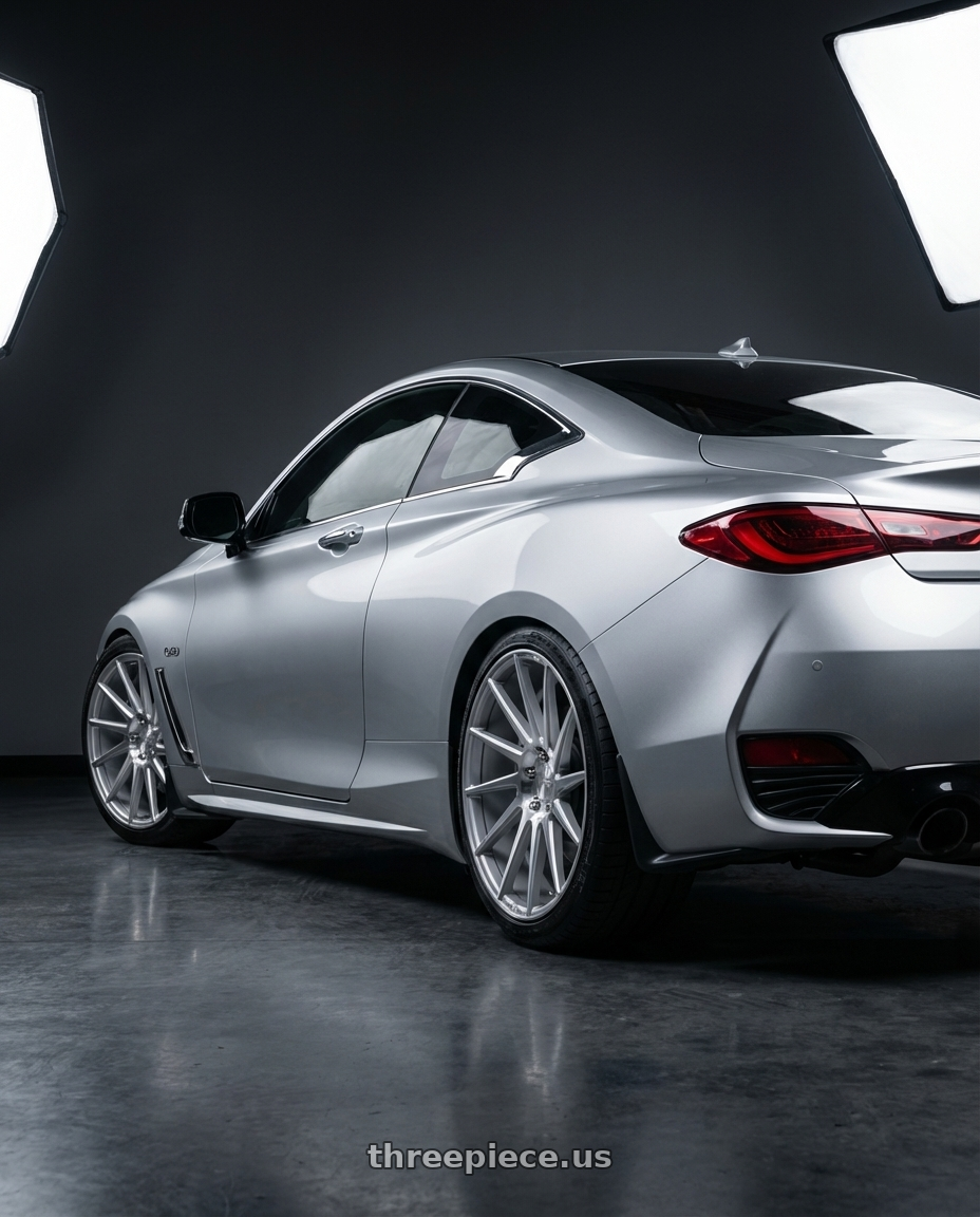 2020 Infiniti Q60 with Niche 1PC M112 SURGE 5X114.3 19X8.5 +35 GLOSS SILVER MACHINED wheels rear three quarter view square tires