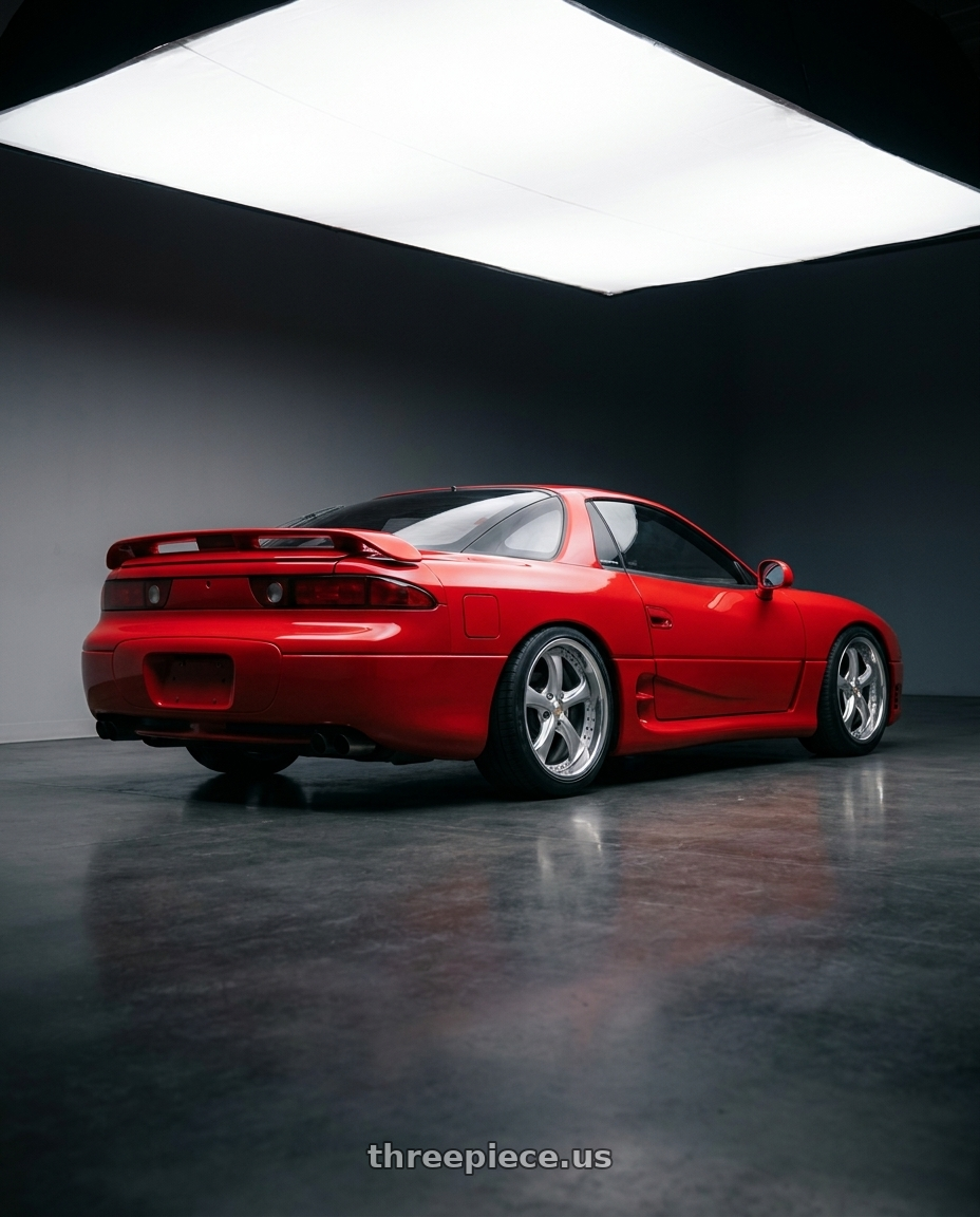 1991 Mitsubishi 3000GT VR-4 with Work Wheels VS-KF 5x114.3 18x8.5+40 Light Grey Silver O Disk FULL REVERSE wheels rear three quarter view square tires