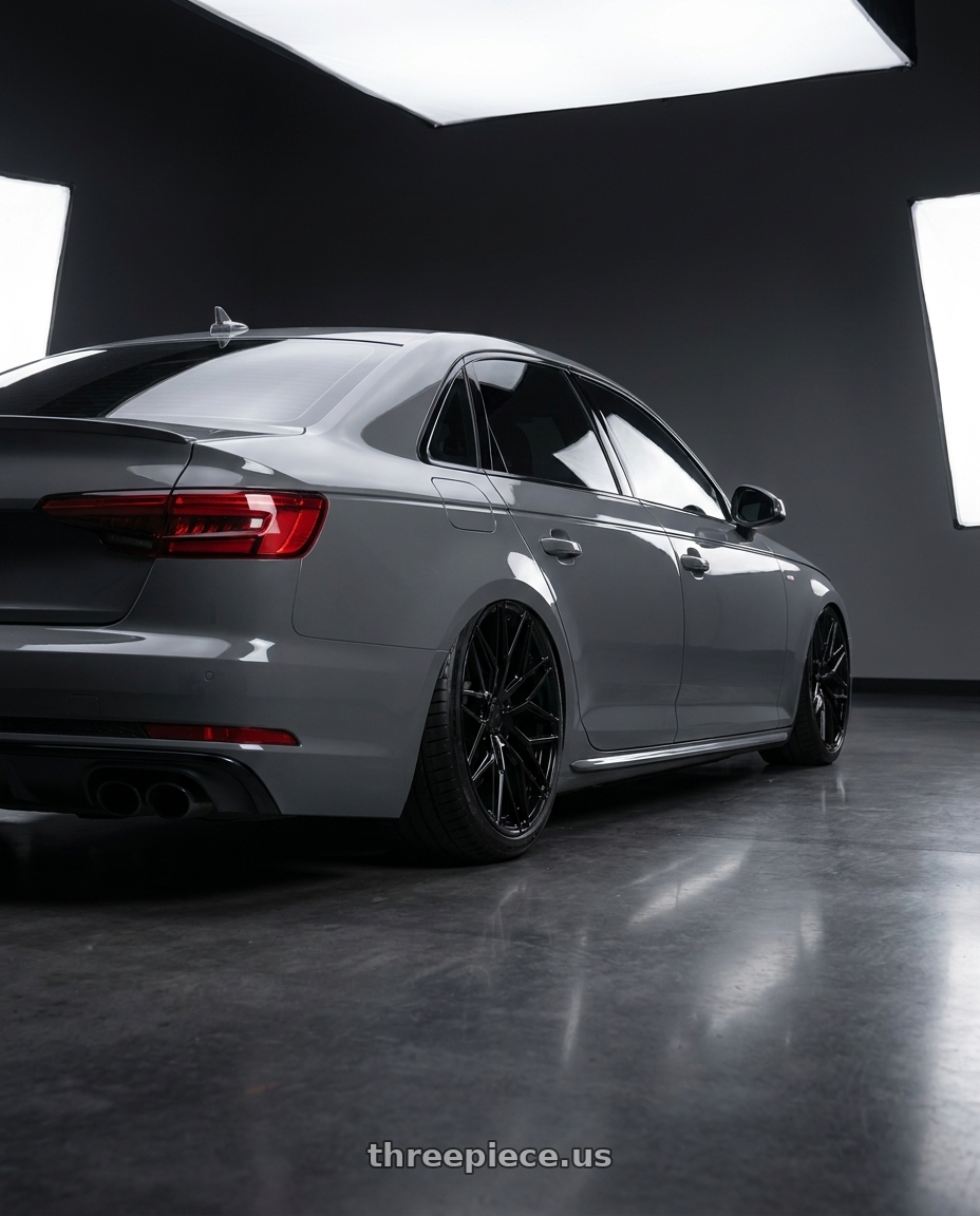 2023 Audi S4 B9 with Avant Garde Wheels M520R 5X112 20x10 +25 Gloss Black wheels rear three quarter view slight stretch tires