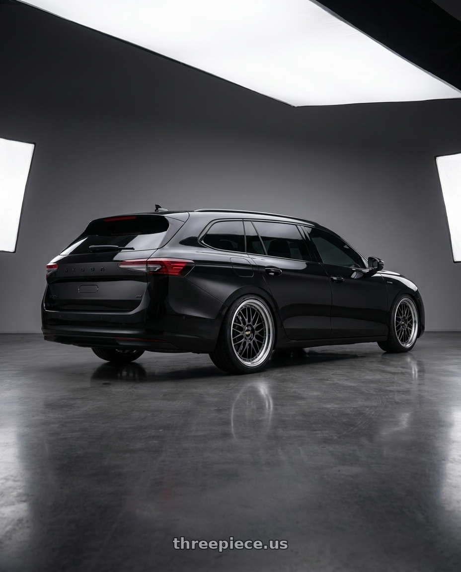 2026 Skoda superb combi sportline with BBS LM 5x112 19x8.5+32 Diamond Black wheels rear three quarter view square tires