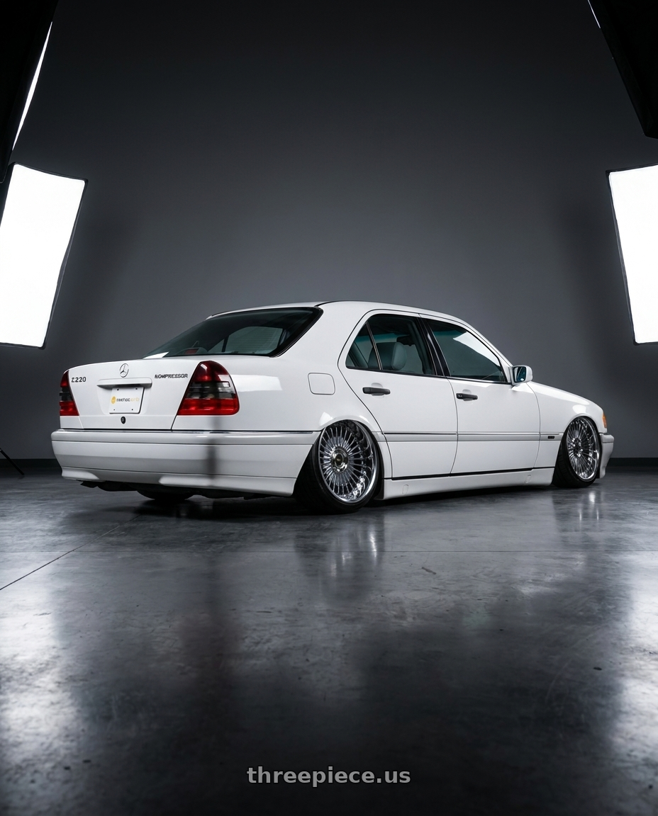 1999 Mercedes-Benz C230 Kompressor with Work Emitz Black Polish 5x100 19x10.0 +38 wheels rear three quarter view extreme stretch tires