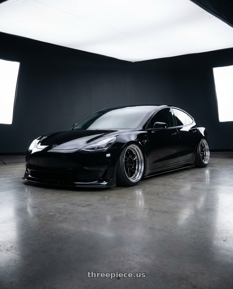 2021 tesla model 3 with Work Meister S1 3P 5x100 18x9.5+3 A Disk Black wheels rear three quarter view extreme stretch tires