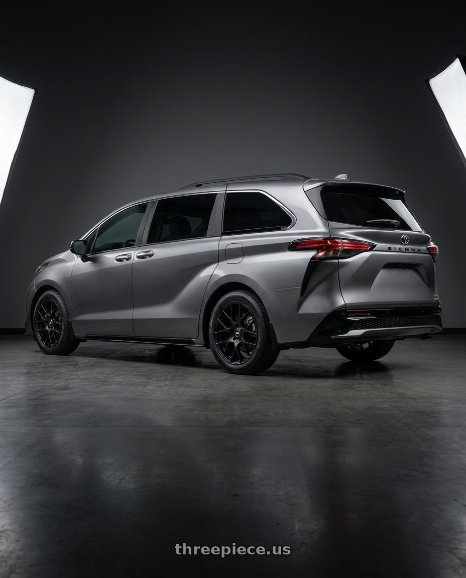 2026 toyota sienna xse with Enkei Raijin 5x120 18x8.5+38 Matte Black wheels rear three quarter view square tires
