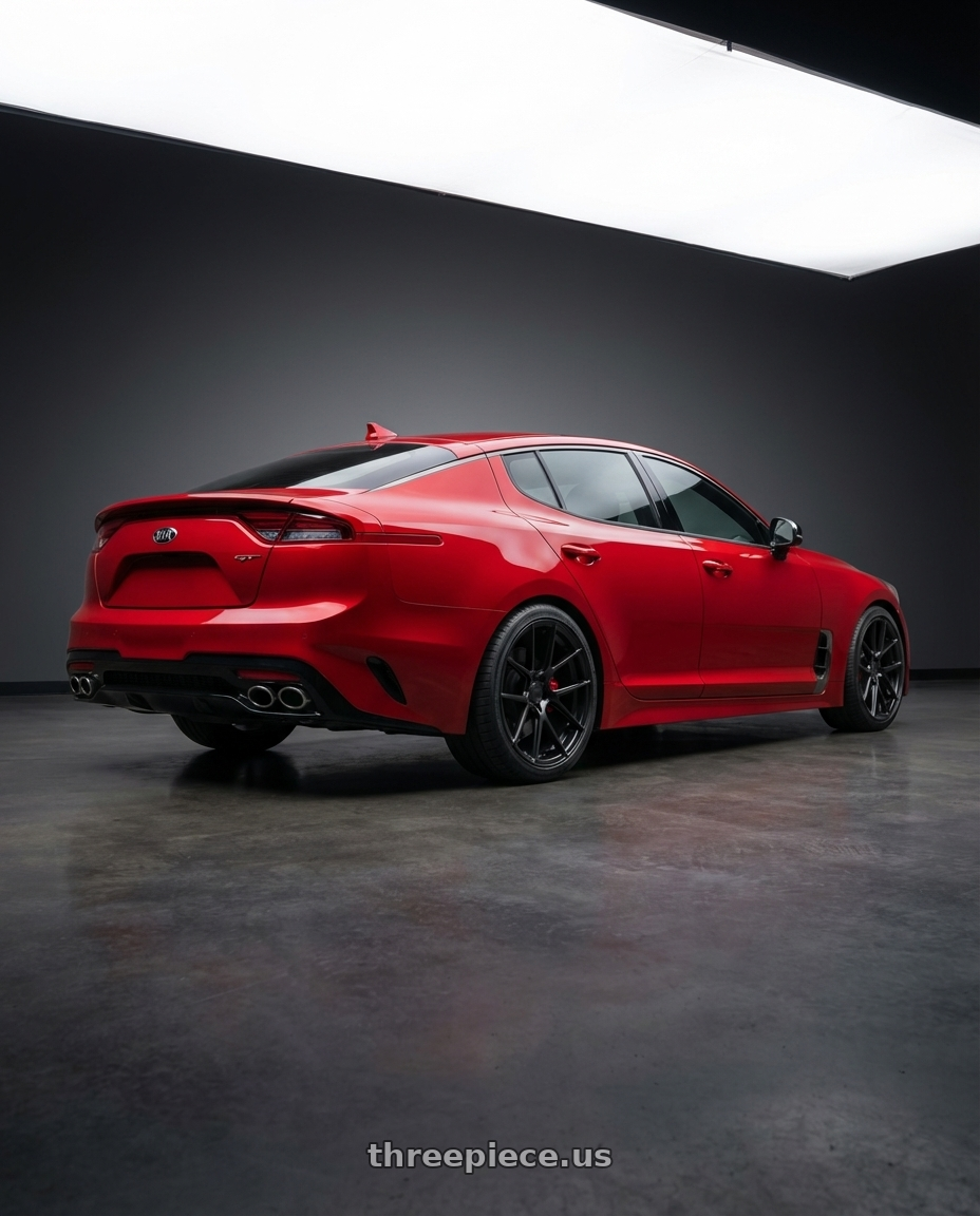 2022 Kia Stinger GT with Avant Garde Wheels M510 5X114.3 19x9.5 +40 Matte Black wheels rear three quarter view square tires