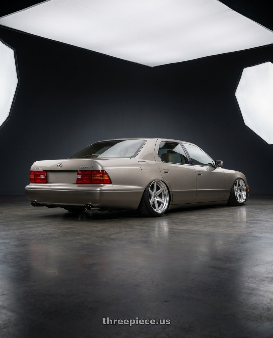 2000 Lexus ls400 with Work Zeast St1 5x100 18x7.5+45 O Disk Brush Silver Clear wheels rear three quarter view slight stretch tires