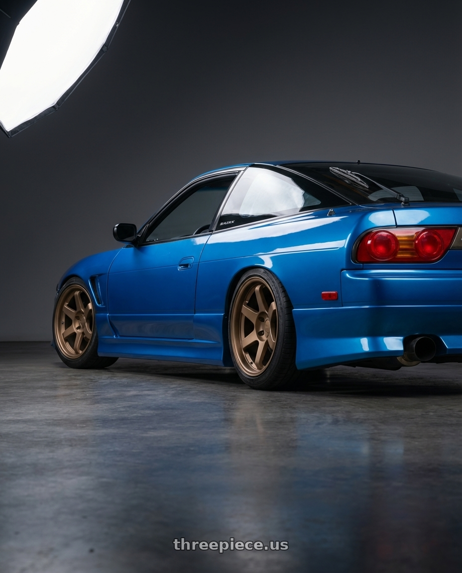 1993 Nissan 240sx with 9six9 SIX-1 5x114.3 17X8 +25 Matte Bronze wheels rear three quarter view slight stretch tires