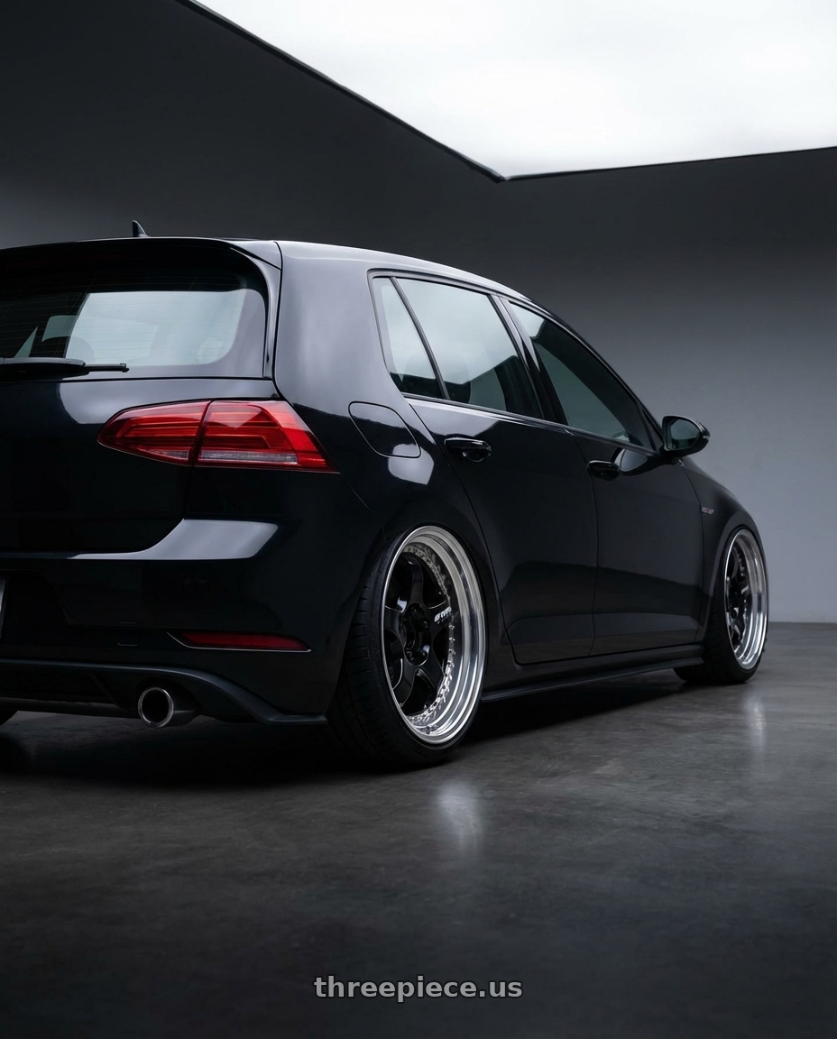 2021 Volkswagen Gti S Black with Work Meister S1 3P 5x100 18x8.5+41 A Disk Black wheels rear three quarter view extreme stretch tires