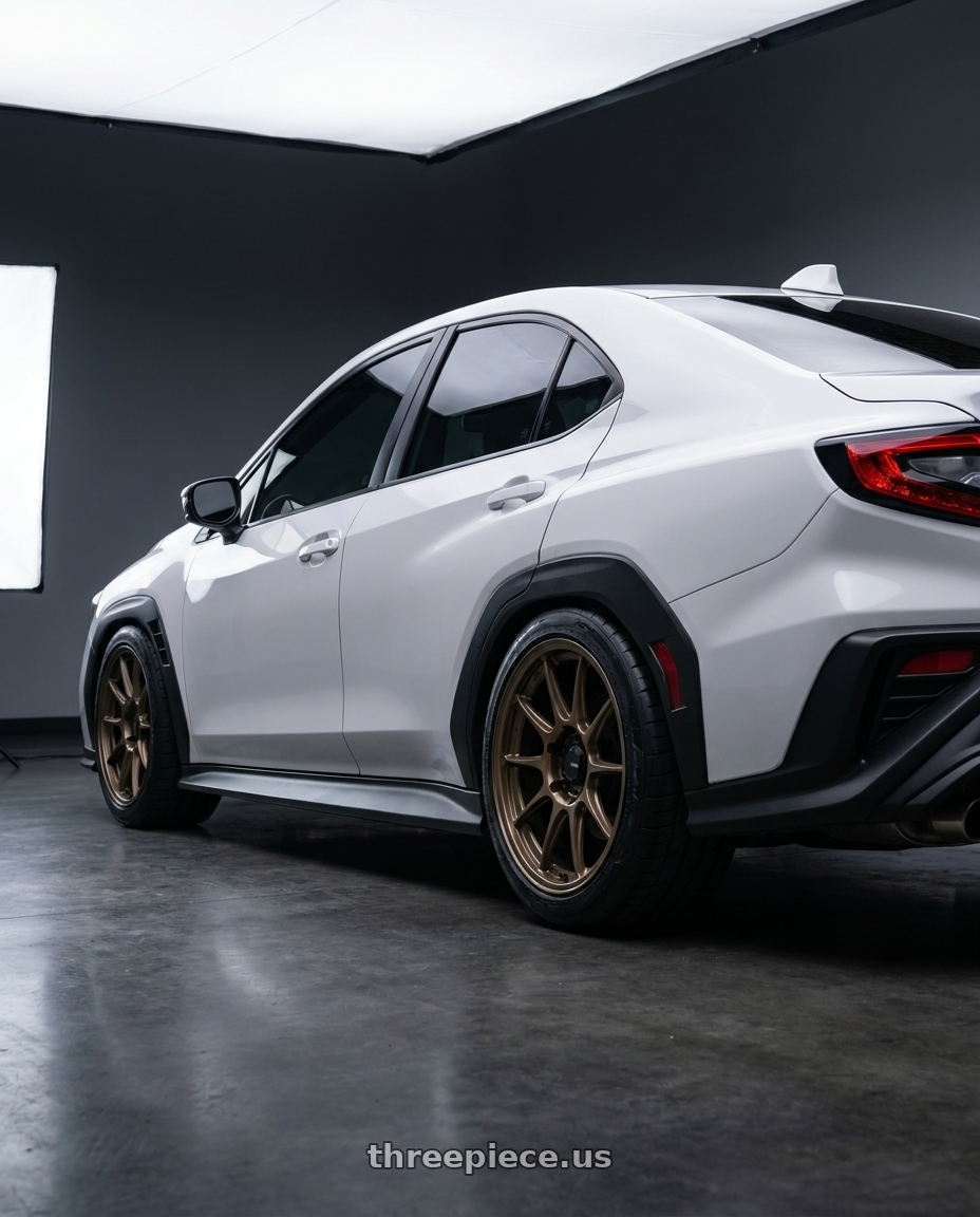 2023 subaru wrx with Konig Dekagram 5x114.3 18x8.5+45 Gloss Bronze wheels rear three quarter view meaty tires