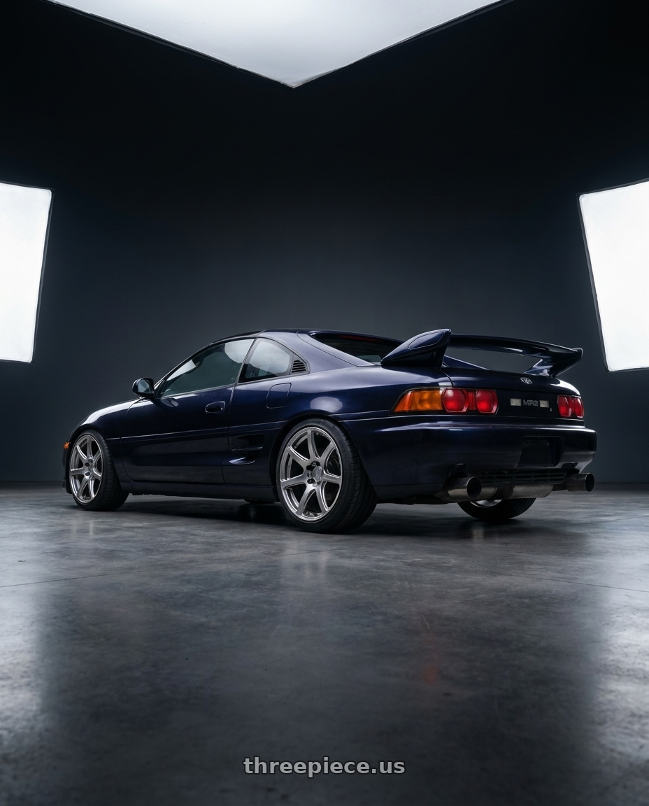 1998 Toyota MR2 with Work Emotion T7r 5x100 18x8.5 +30 Gt Silver wheels rear three quarter view slight stretch tires
