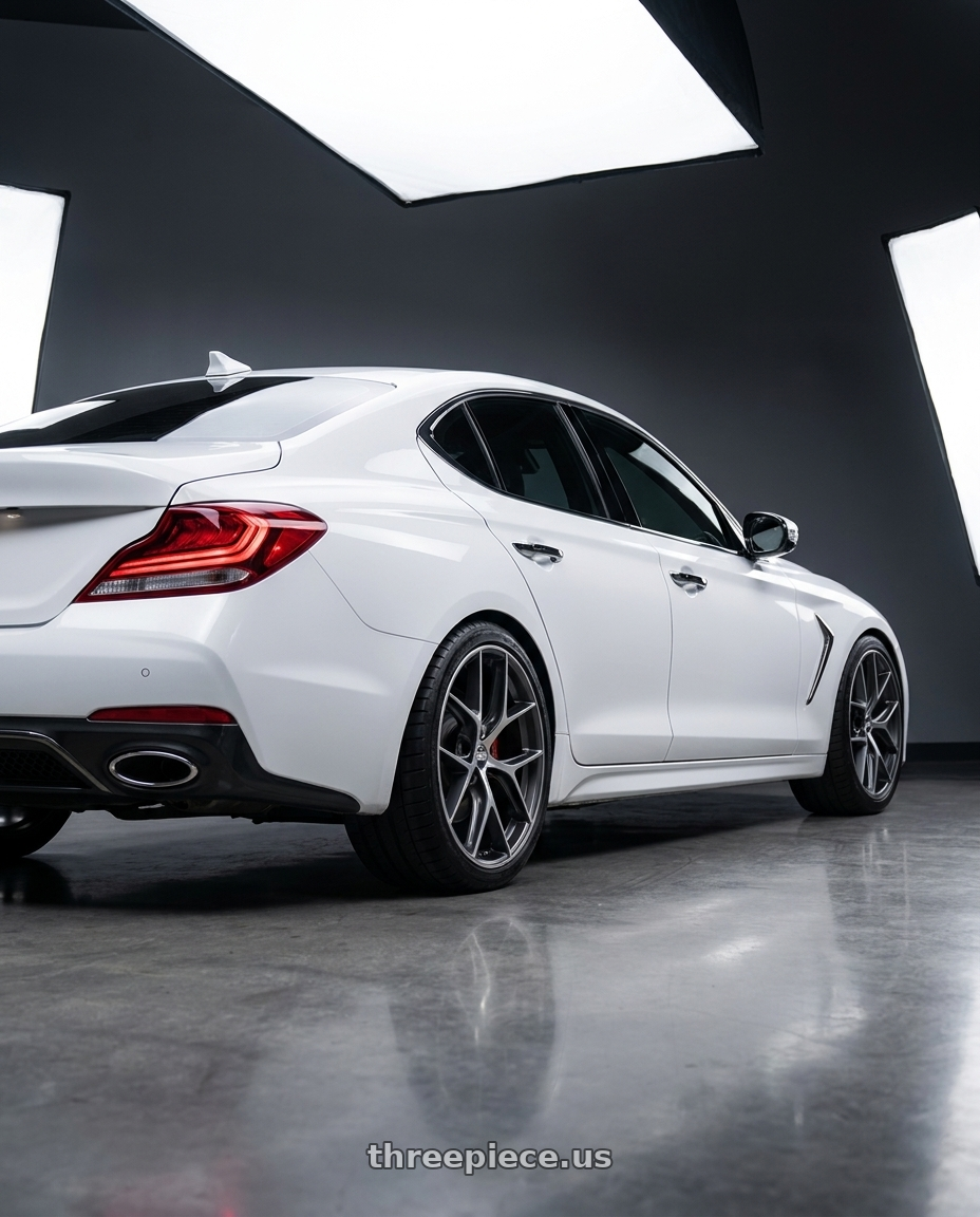 2019 Genesis G70 with BBS CC-R 5x114.3 19x8.5+30 Graphite w/ Diamond Cut Face wheels rear three quarter view square tires