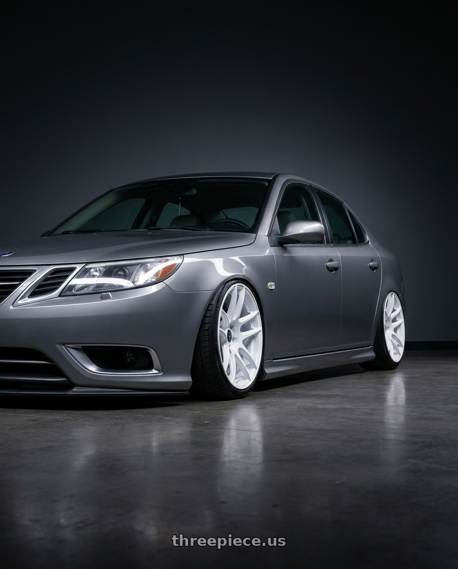 2009 Saab 9-3 with ESR Wheels CS SERIES CS8 5x110 19x9.5 +22 Gloss White wheels front three quarter view stanced stance