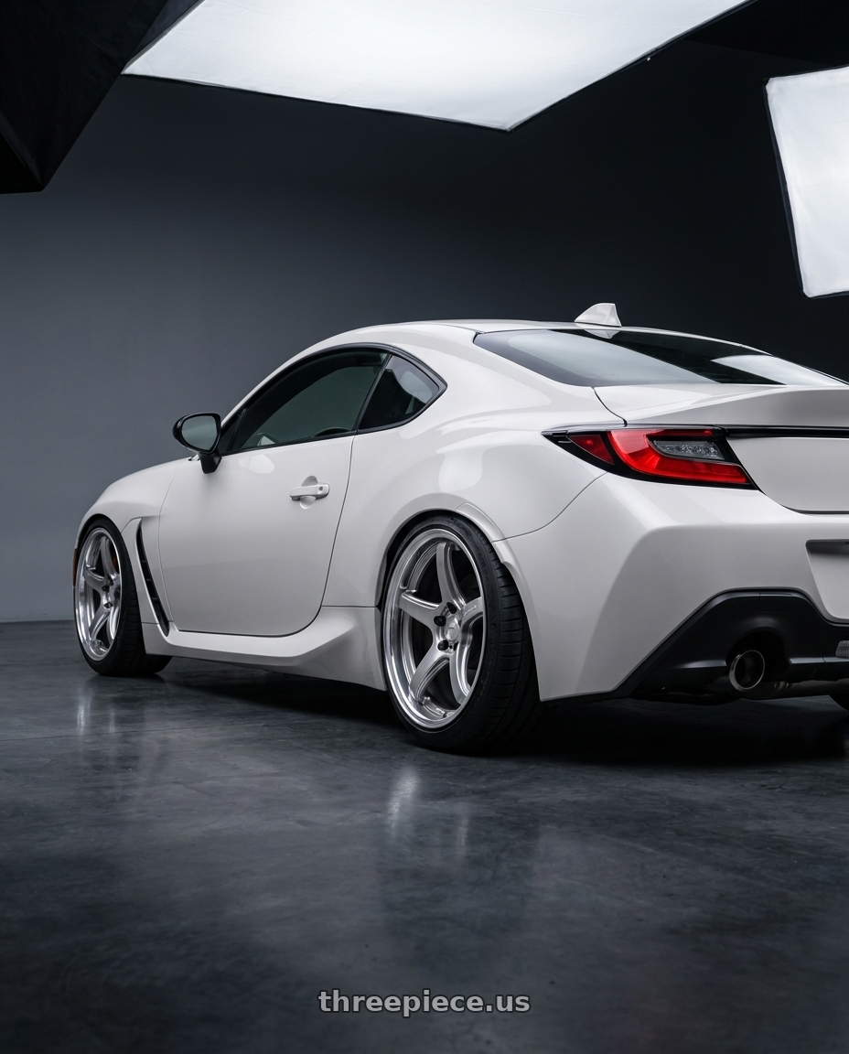 2025 Subaru brz with Work T5R 2P 5x100 18x9.5 +38 GT SILVER wheels rear three quarter view slight stretch tires