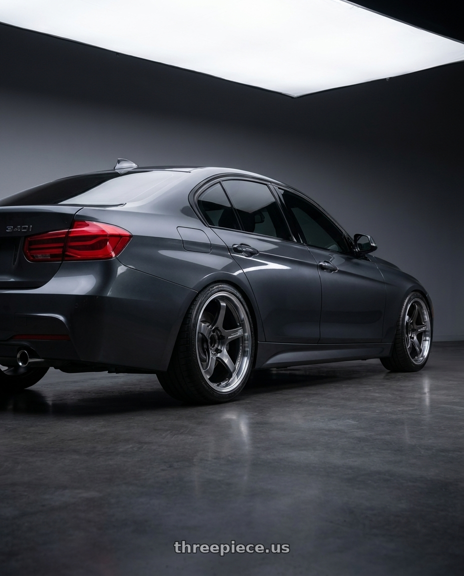 2018 bmw 340i with Advan Racing GT BEYOND 5x120 19x8.5 +35 MACHINING & HYPER PLATINUM BLACK wheels rear three quarter view slight stretch tires