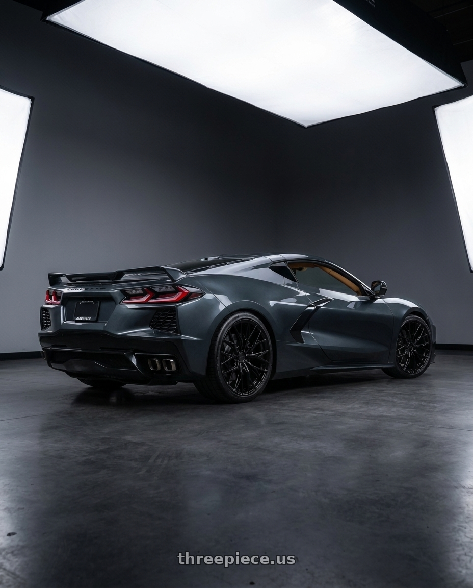2021 Chevrolet Corvette Stingray with MRR GF5 5x120 19x8.5  +38 Gloss Black fit Corvette C8 ( rear: GF0520A652048BK ) wheels rear three quarter view staggered tires