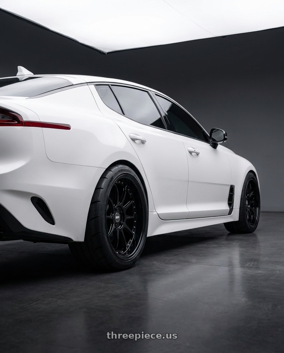 2019 kia stinger gt2 with ESR Wheels CS12 5x114.3 19x8.5 +35 Gloss Black wheels rear three quarter view meaty tires