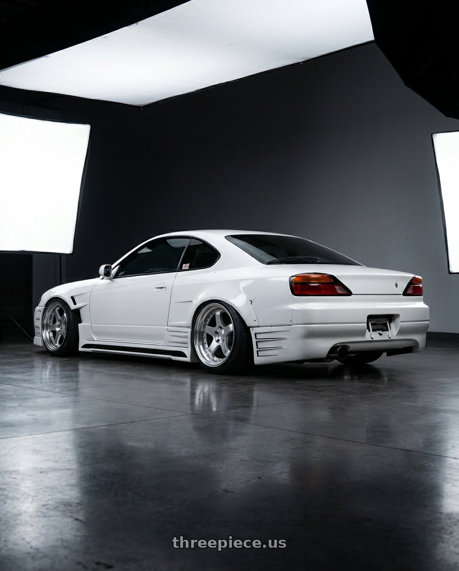 2000 Nissan s15 with Aodhan AH03 5x114.3 18x9.5+30 Silver w/Machined Face wheels rear three quarter view square tires
