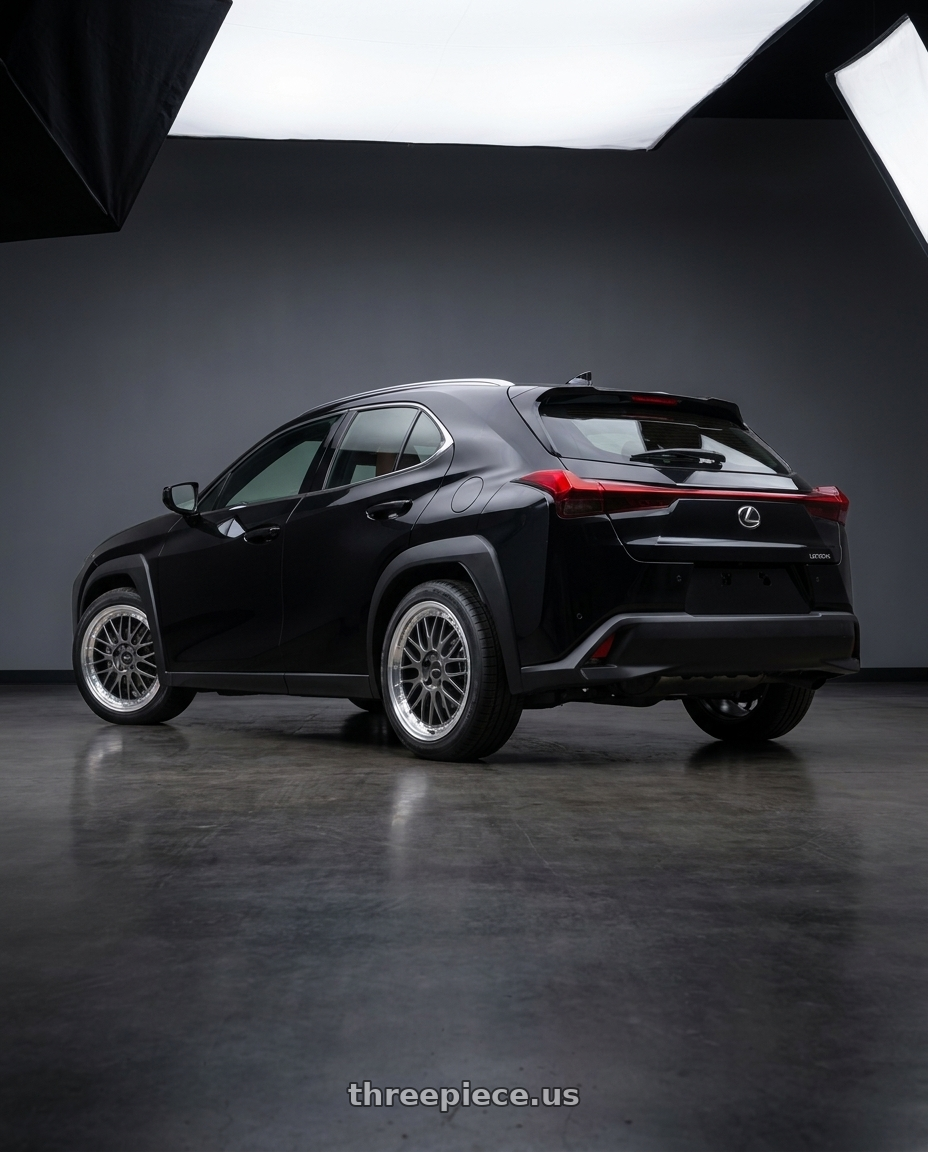 2019 Lexus UX200 base caviar with Vors VR8 5x114.3 18x8  +35 Hyper Black Machine Lip Chrome Rivet wheels rear three quarter view square tires