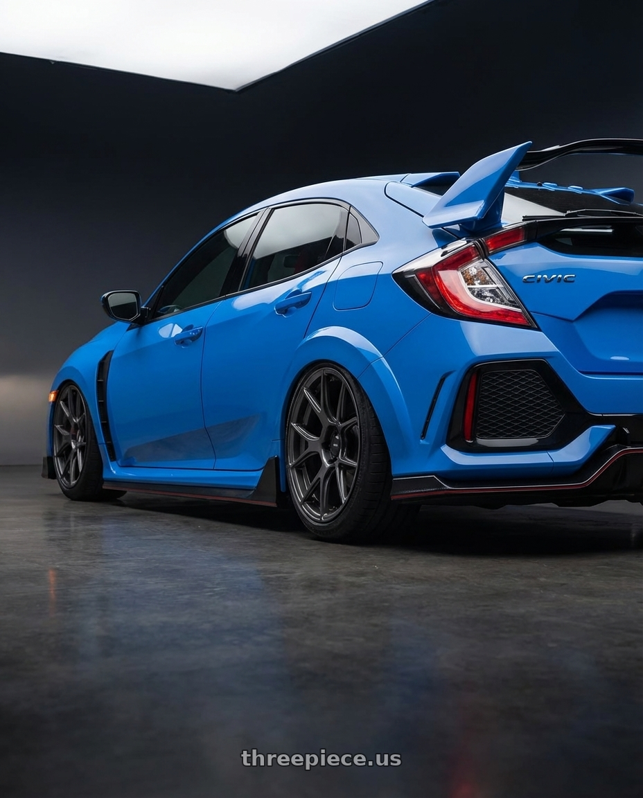 2020 Honda Civic Type R with Konig Ampliform 5x120 19x10+28 Dark Metallic Graphite wheels rear three quarter view slight stretch tires