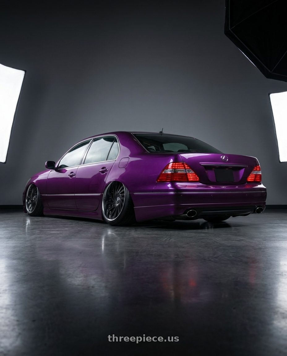 2005 Lexus ls430 with DUB 2PC S241 DAZED 5X120.65/5X127 24X10 +5 MATTE BLACK DOUBLE DARK TINT wheels rear three quarter view extreme stretch tires